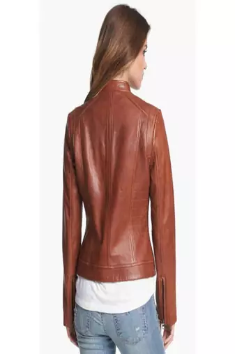 women's brown lambskin leather biker jacket classic moto zip style premium authentic