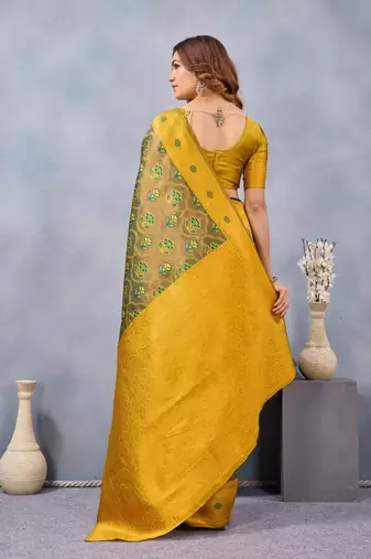 Green mustard silk blend banarasi saree with unstitched blouse piece