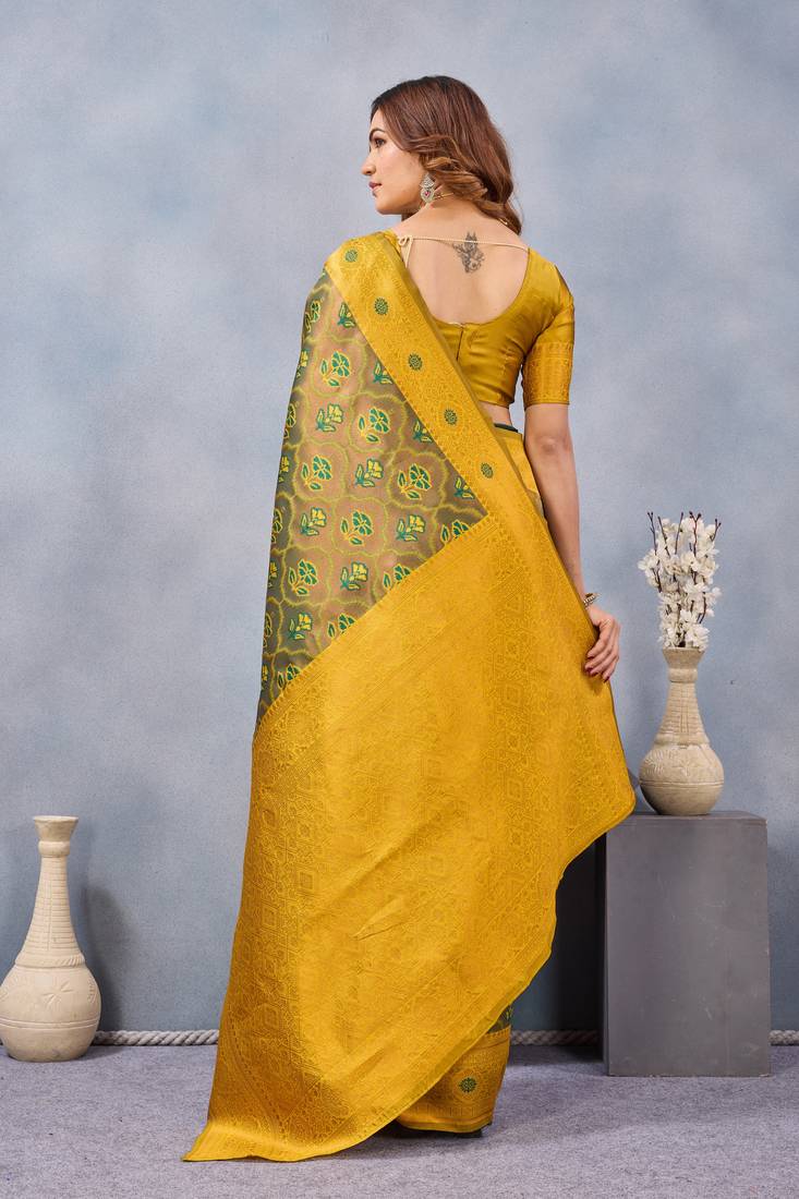 Green mustard silk blend banarasi saree with unstitched blouse piece