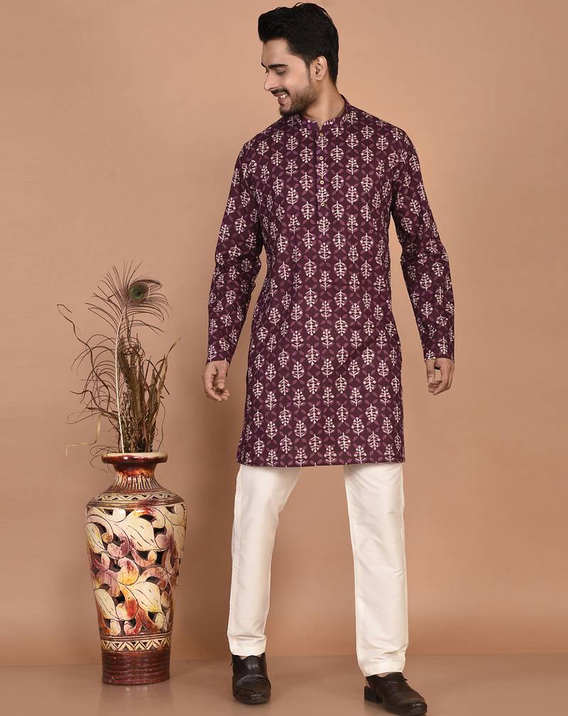 Men's floral printed cotton straight  kurta