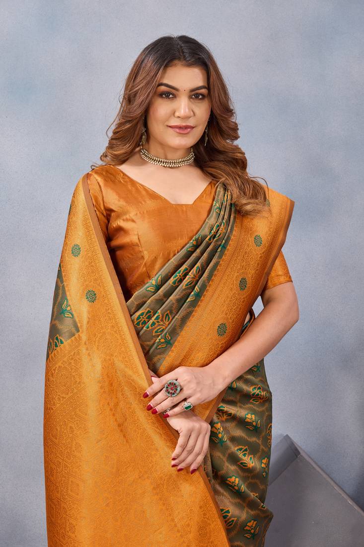 Green orange soft silk blend banarasi jacuard work designer party wear saree with unstitched blouse piece