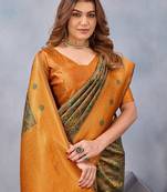 Green orange silk blend banarasi saree with unstitched blouse piece
