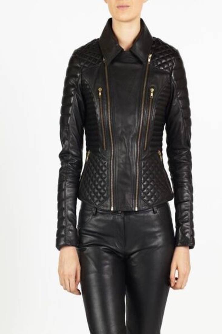 women's black lambskin leather biker jacket premium quilted design refined