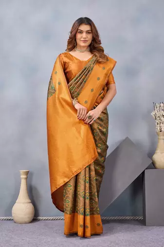 Green orange silk blend banarasi saree with unstitched blouse piece