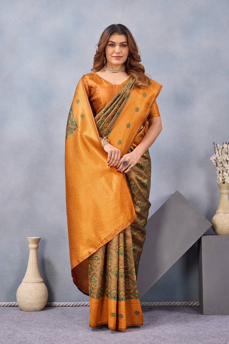 Green orange silk blend banarasi saree with unstitched blouse piece