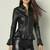 women's black lambskin leather biker jacket peplum waist detailing