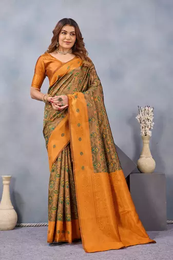 Green orange silk blend banarasi saree with unstitched blouse piece