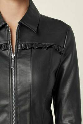 women's black lambskin leather biker jacket peplum waist detailing 2