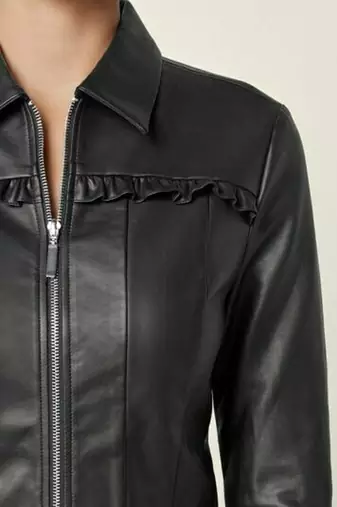 women's black lambskin leather biker jacket peplum waist detailing