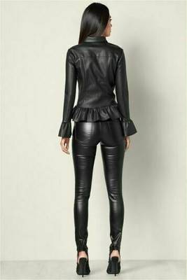 women's black lambskin leather biker jacket peplum waist detailing 3