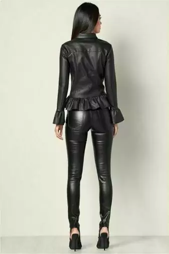 women's black lambskin leather biker jacket peplum waist detailing
