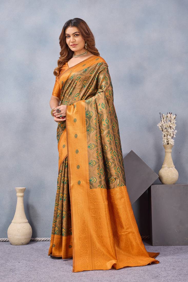 Green orange silk blend banarasi saree with unstitched blouse piece