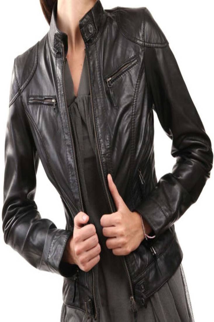 women's black premium lambskin leather jacket adjustable belted waist exclusive