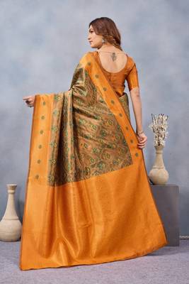Green orange silk blend banarasi saree with unstitched blouse piece 5