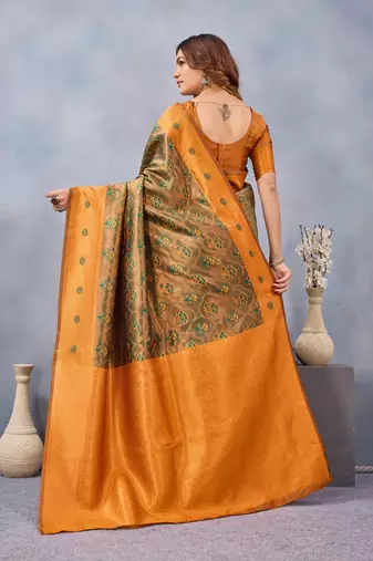 Green orange silk blend banarasi saree with unstitched blouse piece