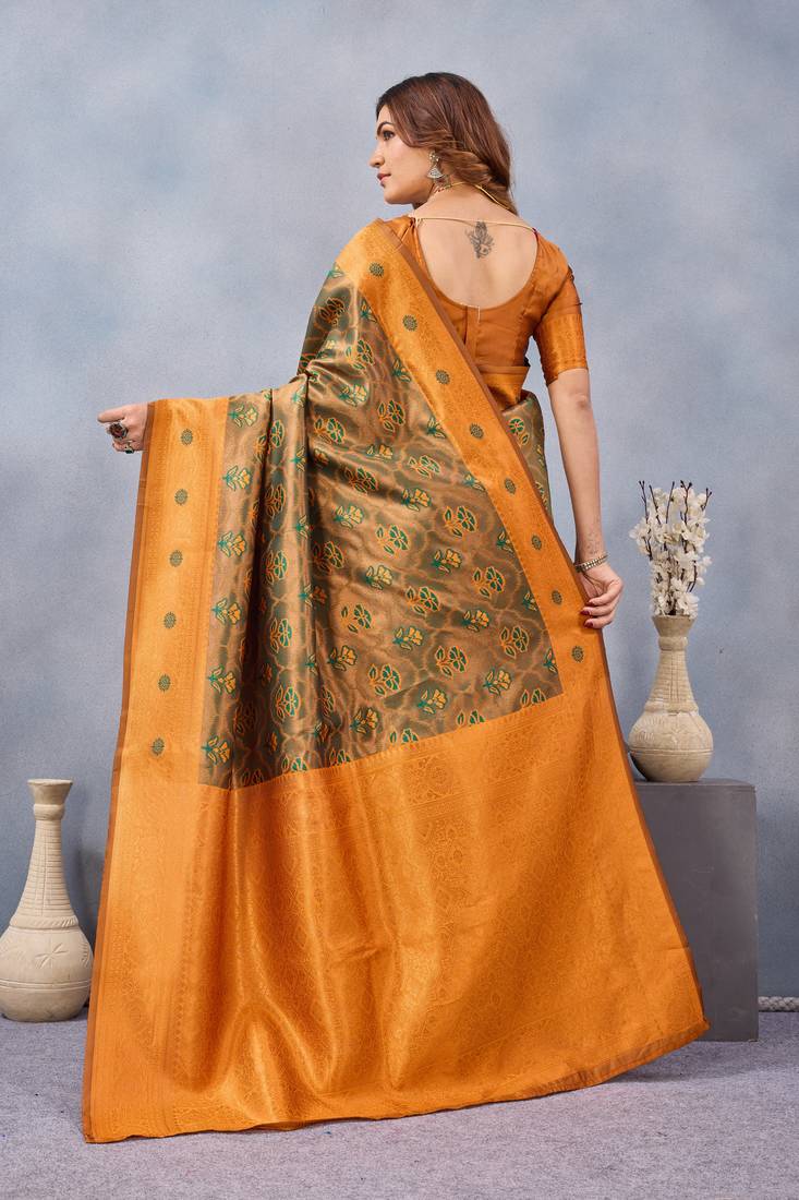 Green orange silk blend banarasi saree with unstitched blouse piece