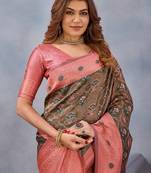 Green pink silk blend banarasi saree with unstitched blouse piece