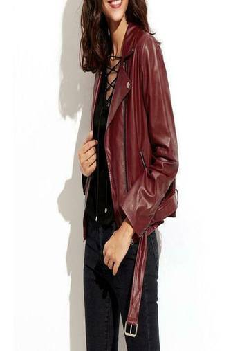 Women’s burgundy lambskin leather jacket -zipper  detail & waist belt style