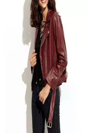 women's burgundy premium lambskin leather jacket adjustable belted waist