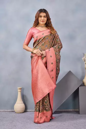 Green pink silk blend banarasi saree with unstitched blouse piece