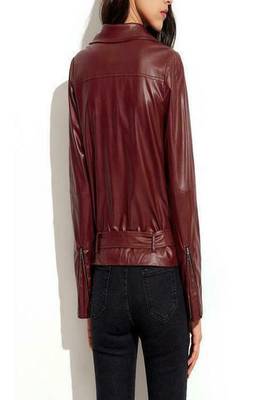 women's burgundy premium lambskin leather jacket adjustable belted waist 2