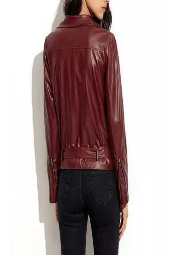 women's burgundy premium lambskin leather jacket adjustable belted waist