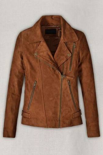 Women’s brown lambskin leather jacket -asymmetrical  zipper  detail & waist belt style