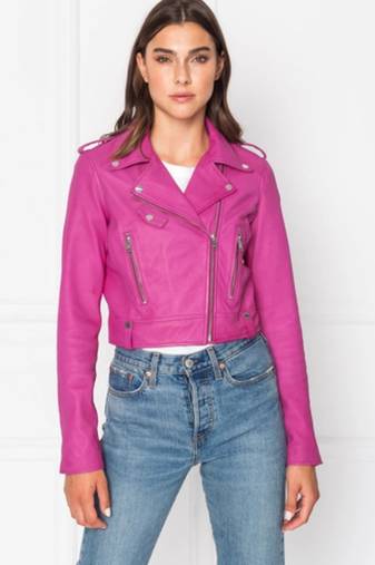 Women's pink lambskin leather jacket -asymmetrical  zipper  detail & waist belt style