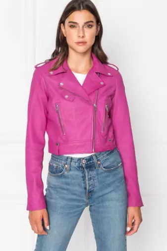 women's pink premium lambskin leather jacket asymmetrical zip closure premium