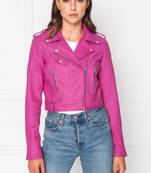 women's pink premium lambskin leather jacket asymmetrical zip closure premium