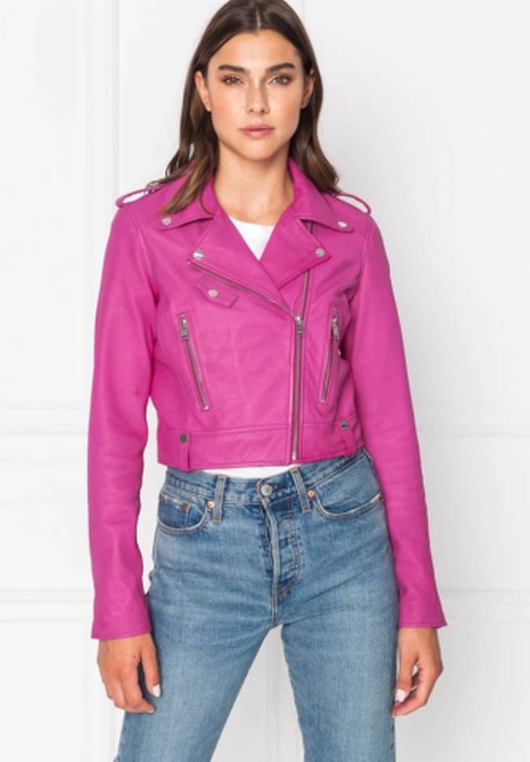 Women's pink lambskin leather jacket -asymmetrical  zipper  detail & waist belt style
