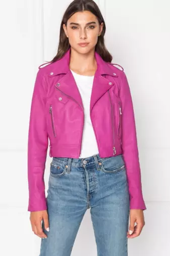 women's pink premium lambskin leather jacket asymmetrical zip closure premium