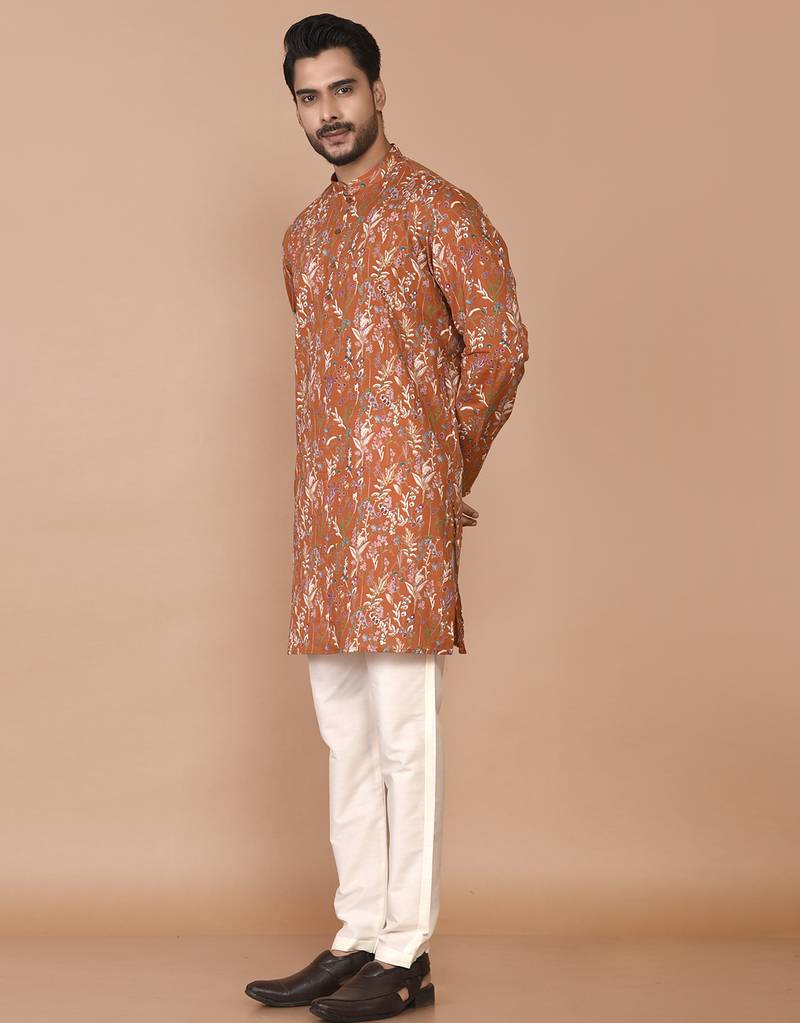 Men's floral printed cotton straight  kurta