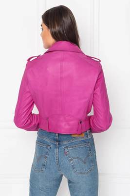 women's pink premium lambskin leather jacket asymmetrical zip closure premium 3