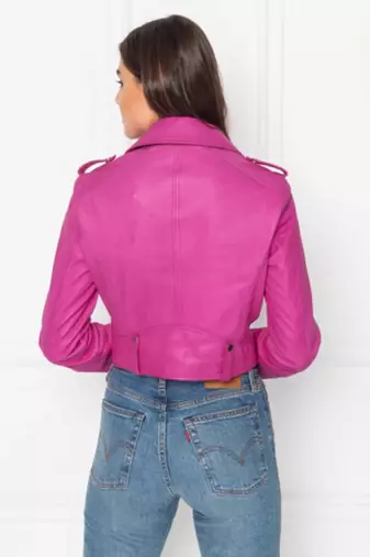 women's pink premium lambskin leather jacket asymmetrical zip closure premium