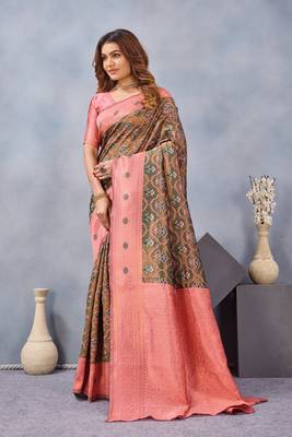 Green pink silk blend banarasi saree with unstitched blouse piece 4