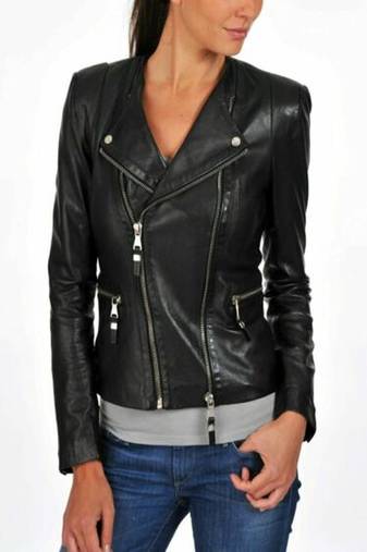 women's black lambskin leather biker jacket classic moto zip style genuine refined