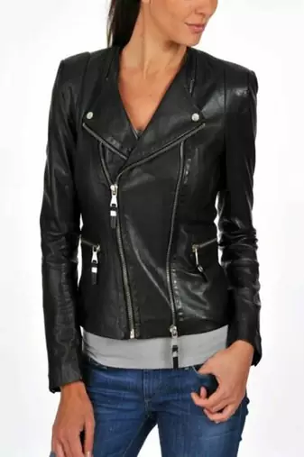 women's black lambskin leather biker jacket classic moto zip style genuine refined
