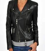 women's black lambskin leather biker jacket classic moto zip style genuine refined