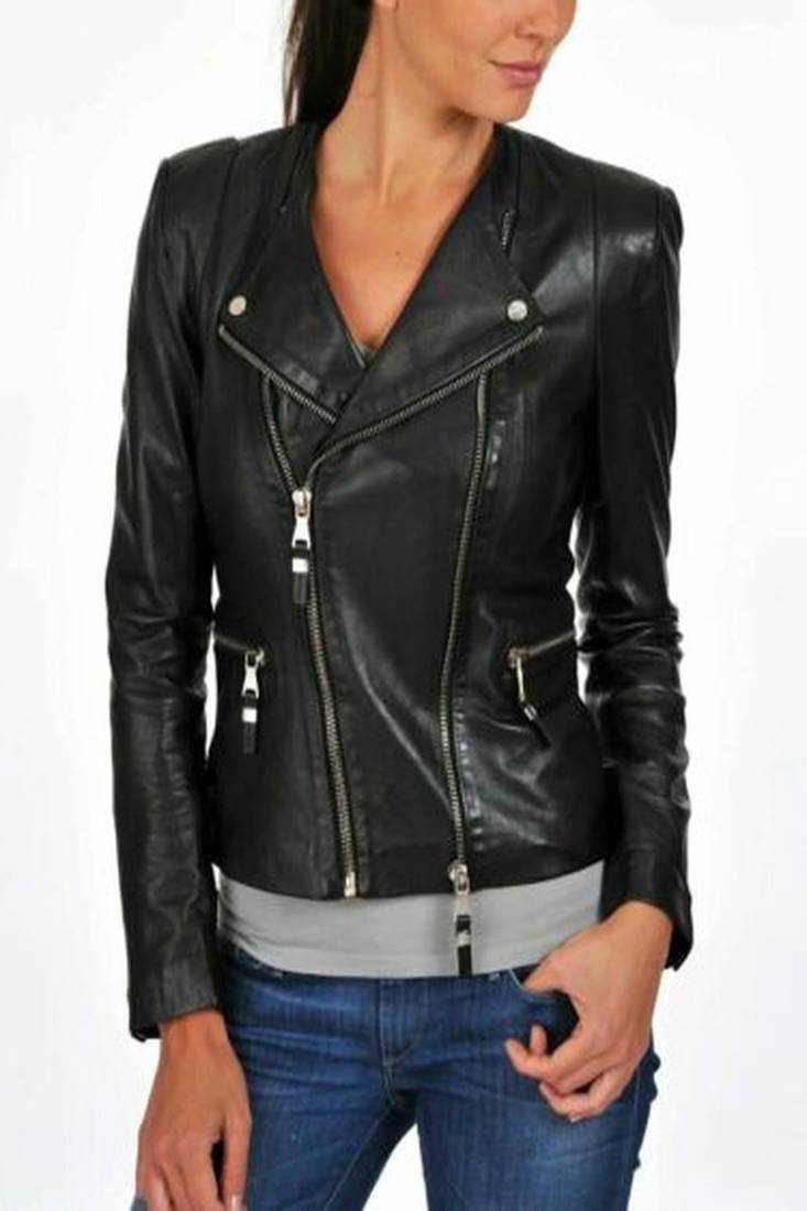 women's black lambskin leather biker jacket classic moto zip style genuine refined