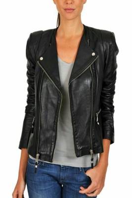women's black lambskin leather biker jacket classic moto zip style genuine refined 2
