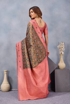 Green pink silk blend banarasi saree with unstitched blouse piece 5