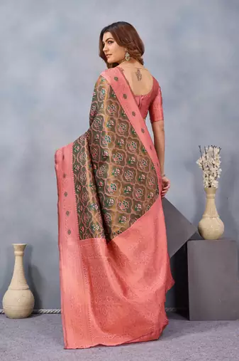 Green pink silk blend banarasi saree with unstitched blouse piece