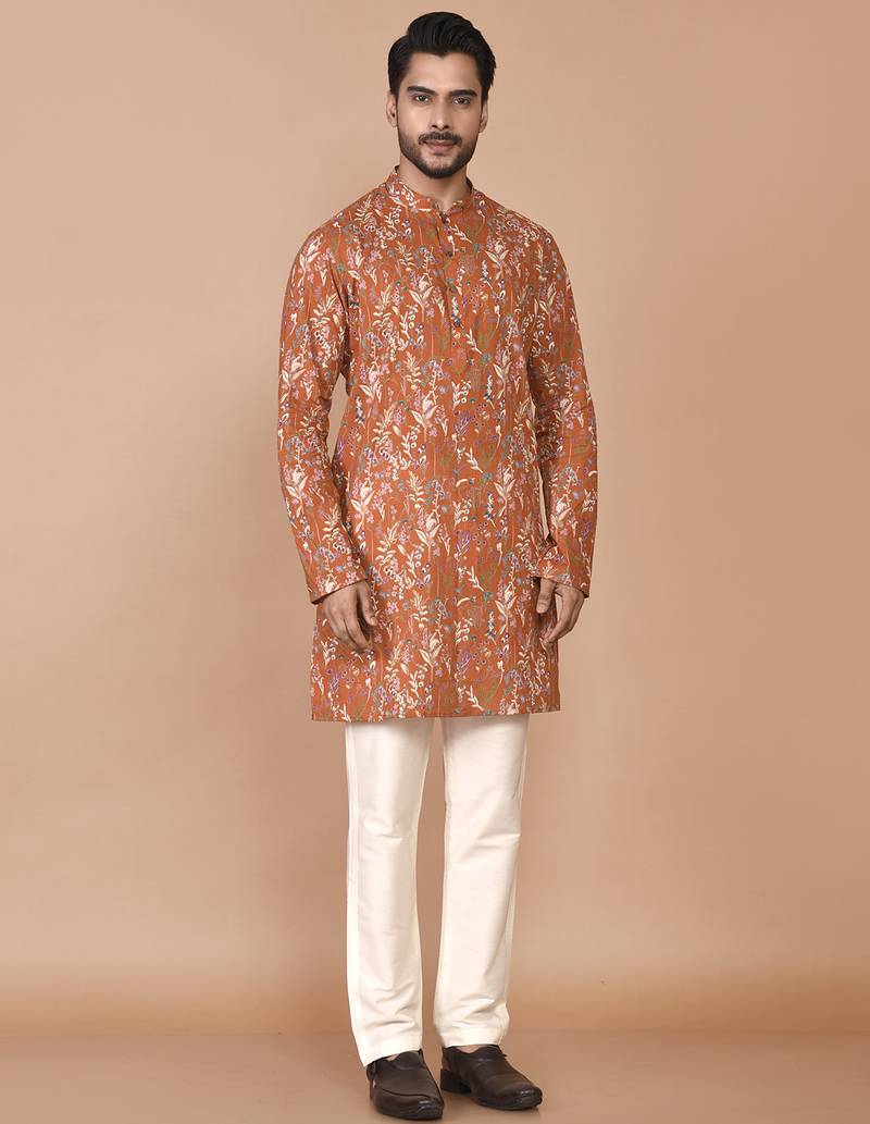 Men's floral printed cotton straight  kurta