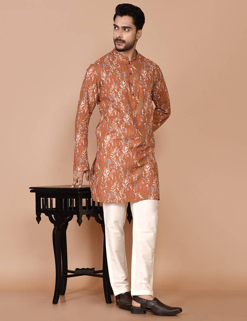 Men's floral printed cotton straight  kurta