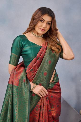 Orange green soft silk blend banarasi jacuard work designer party wear saree with unstitched blouse piece