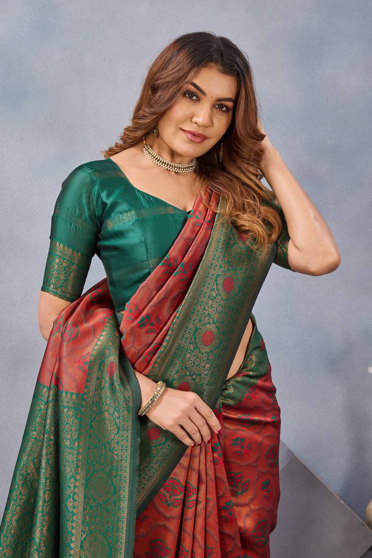 Orange green soft silk blend banarasi jacuard work designer party wear saree with unstitched blouse piece