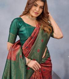 Orange green silk blend banarasi saree with unstitched blouse piece