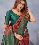 Orange green silk blend banarasi saree with unstitched blouse piece