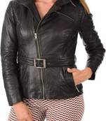 women's black premium lambskin leather jacket adjustable belted waist stylish